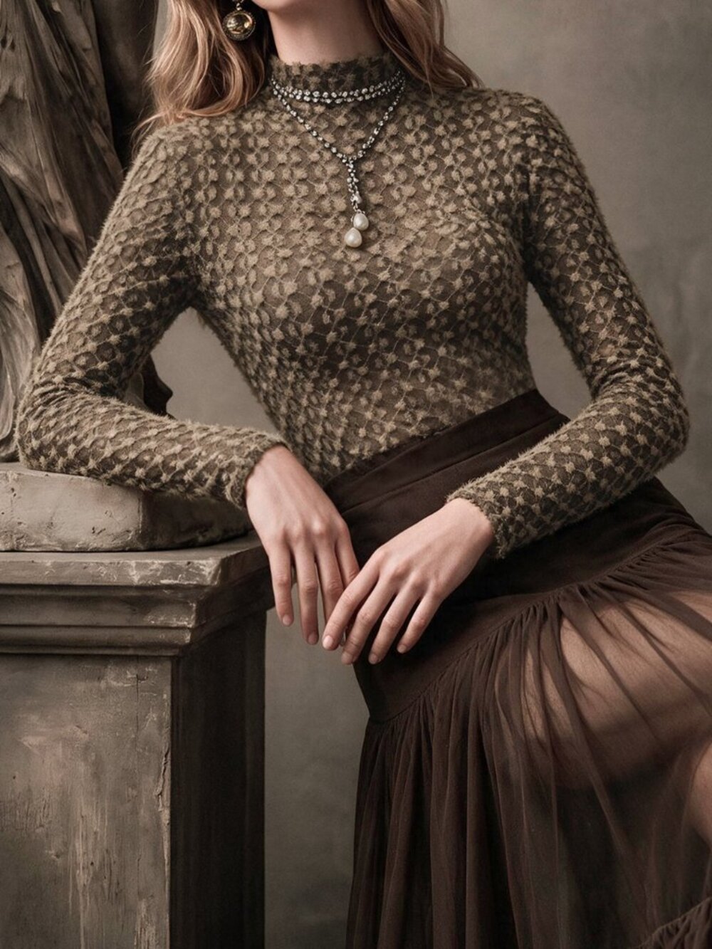 Coffee Brown Casual Women's Fuzzy Lettuce Trim Rib-Knit Turtleneck Undershirt